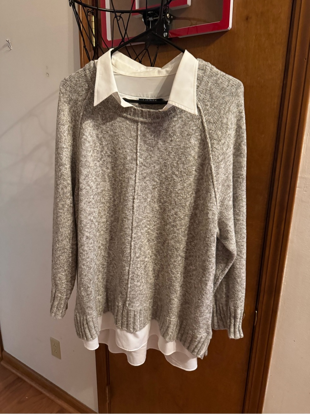 Lauren Ralph Lauren Gray Knit Sweater with White Shirt Detail - Picture 3 of 8